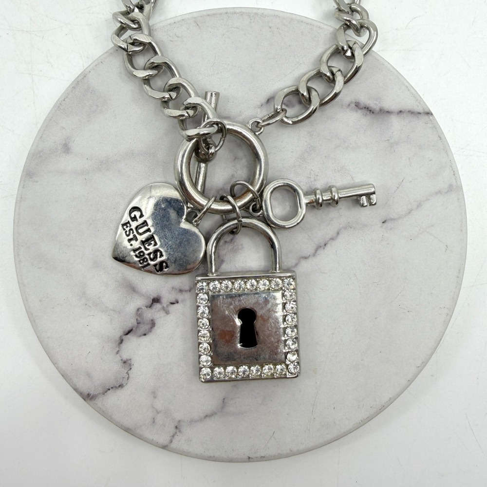 GUESS Silver Tone Rhinestone Padlock Key Heart Charm Necklace Toggle Chain Y2K